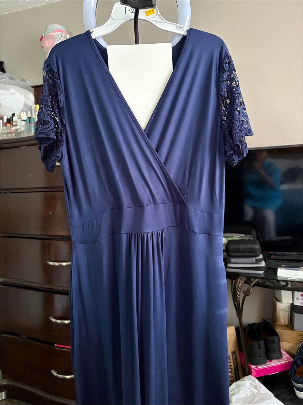 Navy Blue Lace Sleeve Maxi Wrap Dress